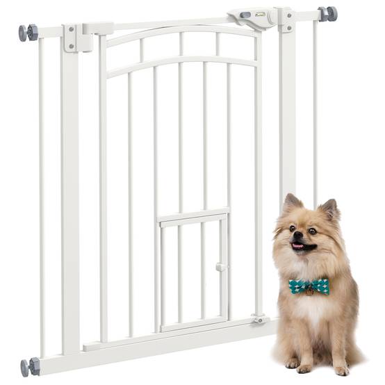 Barrière escalier chien acier intérieur fermeture automatique chatière 74-80x76cm blanc - ComfortXL Pet Living - Image 1