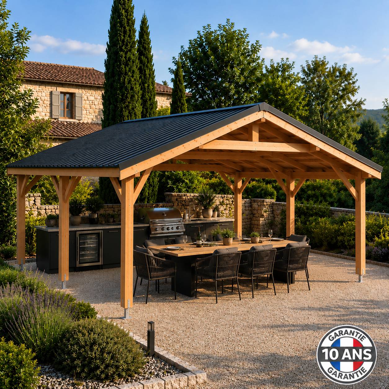 Cpbf Charpentes - Carport bois 2 pentes en bois douglas 27 m², 6 poteaux. Abri voiture extérieur. garantie 10 ans - Image 2