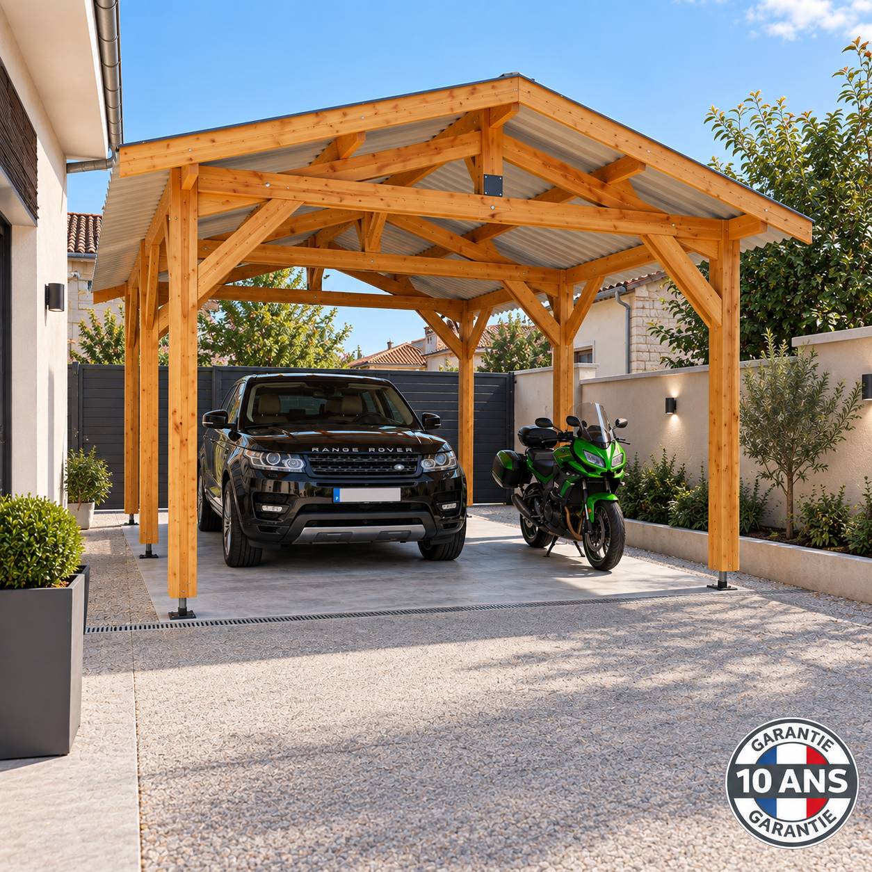 Cpbf Charpentes - Carport bois 2 pentes en bois douglas 27 m², 6 poteaux. Abri voiture extérieur. garantie 10 ans - Image 1