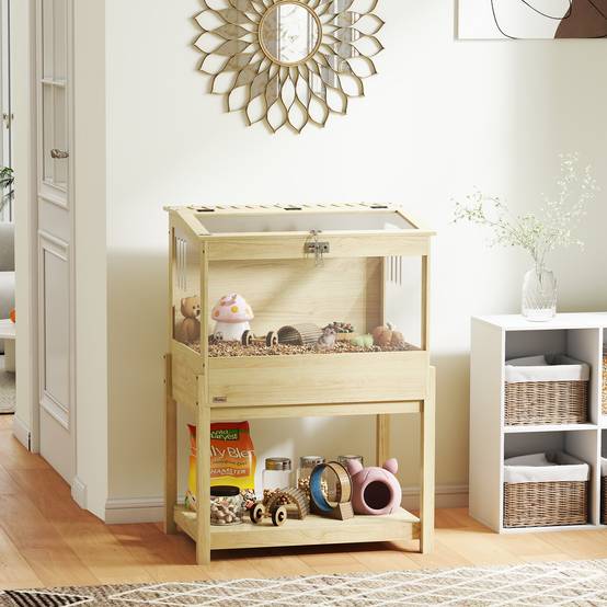 Cage surélevée en MDF pour hamsters avec plateau de rangement et couvercle 83x50x103cm naturel - ComfortXL Outdoor Living - Image 4
