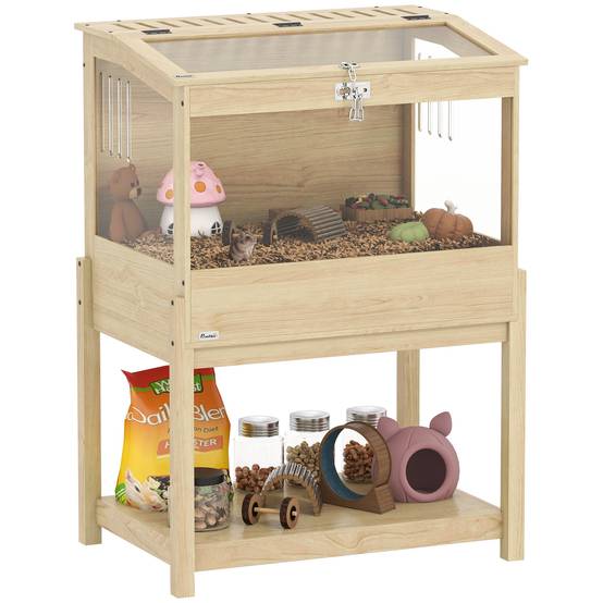 Cage surélevée en MDF pour hamsters avec plateau de rangement et couvercle 83x50x103cm naturel - ComfortXL Outdoor Living - Image 1
