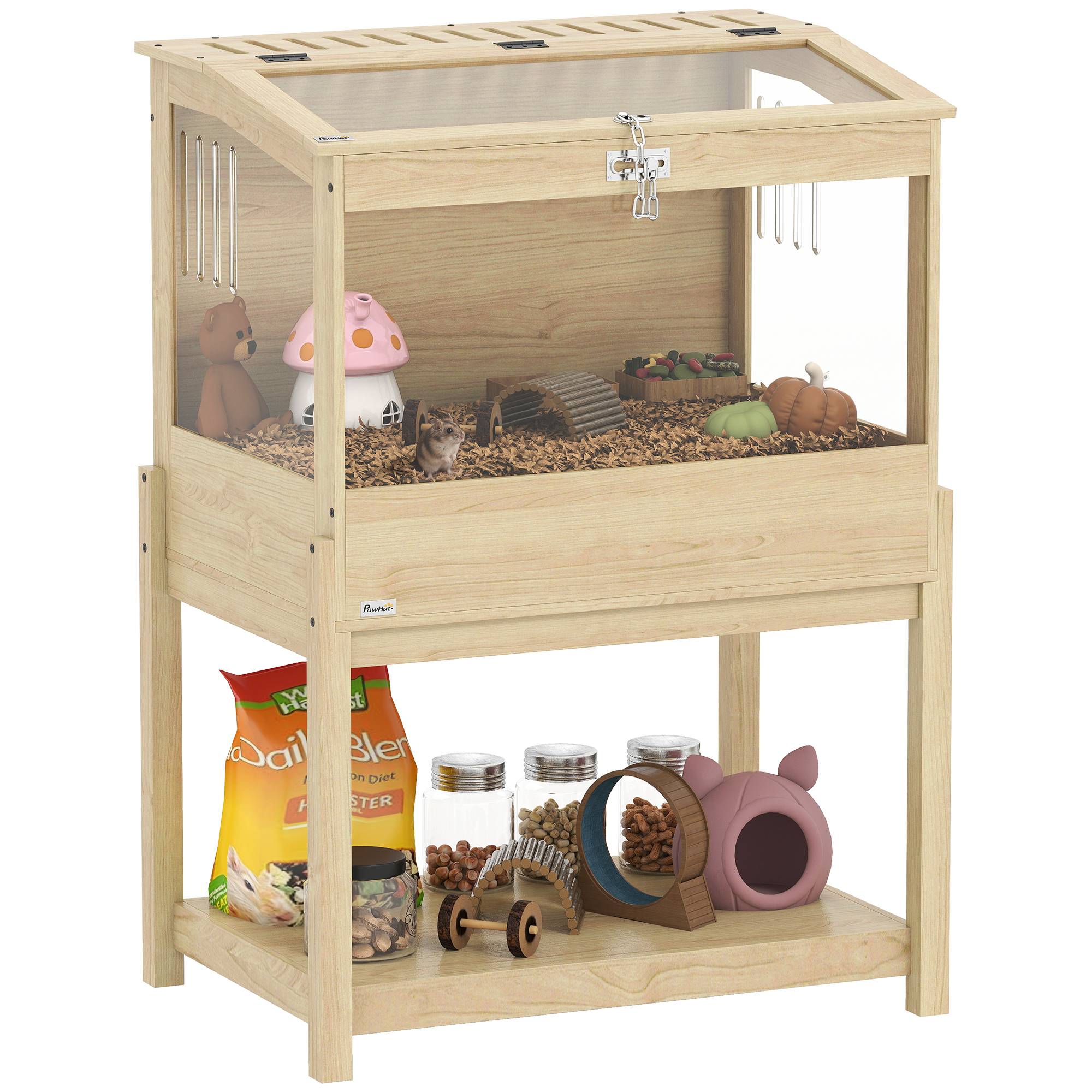 Cage surélevée en MDF pour hamsters avec plateau de rangement et couvercle 83x50x103cm naturel - ComfortXL Outdoor Living