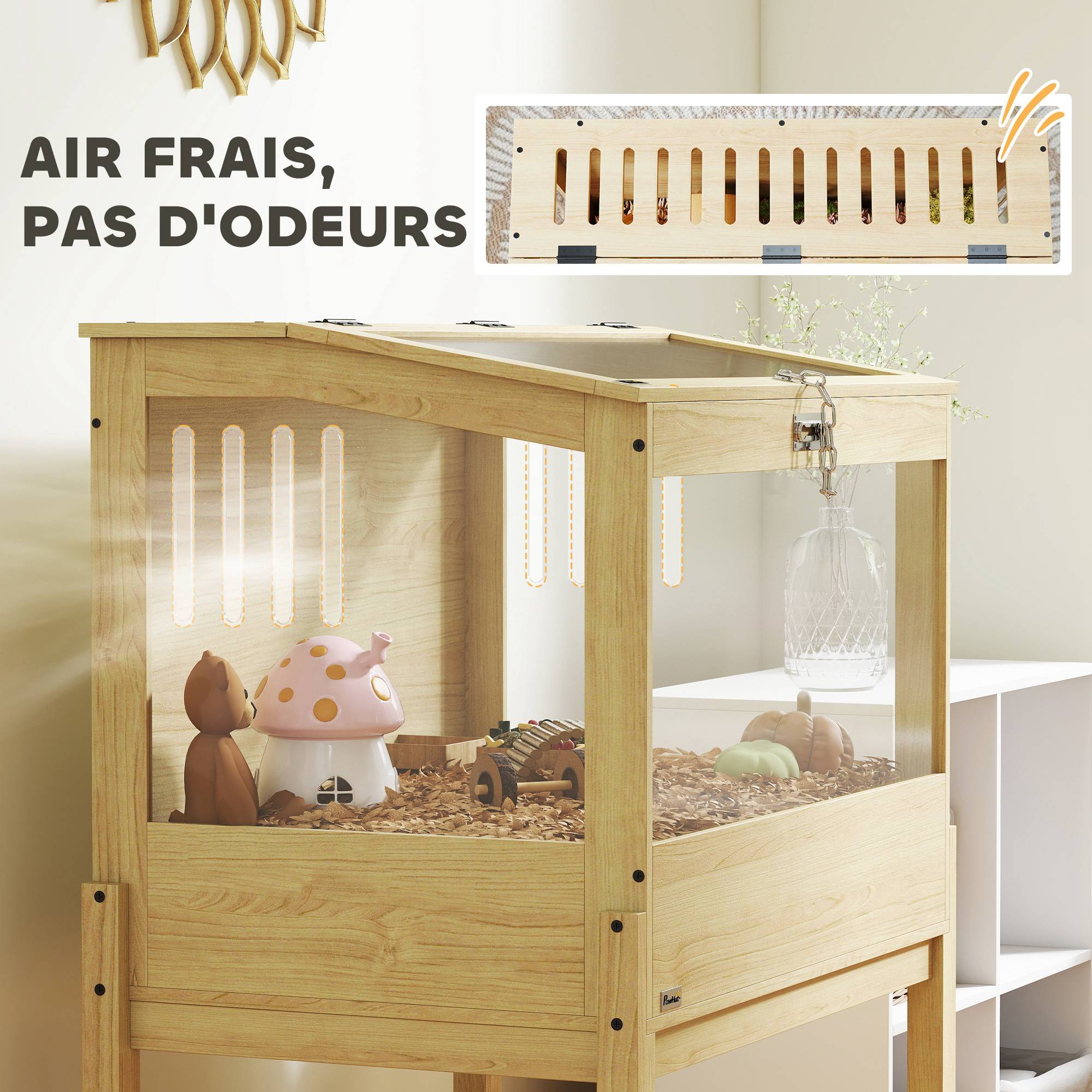 Cage surélevée en MDF pour hamsters avec plateau de rangement et couvercle 83x50x103cm naturel - ComfortXL Outdoor Living - Image 9