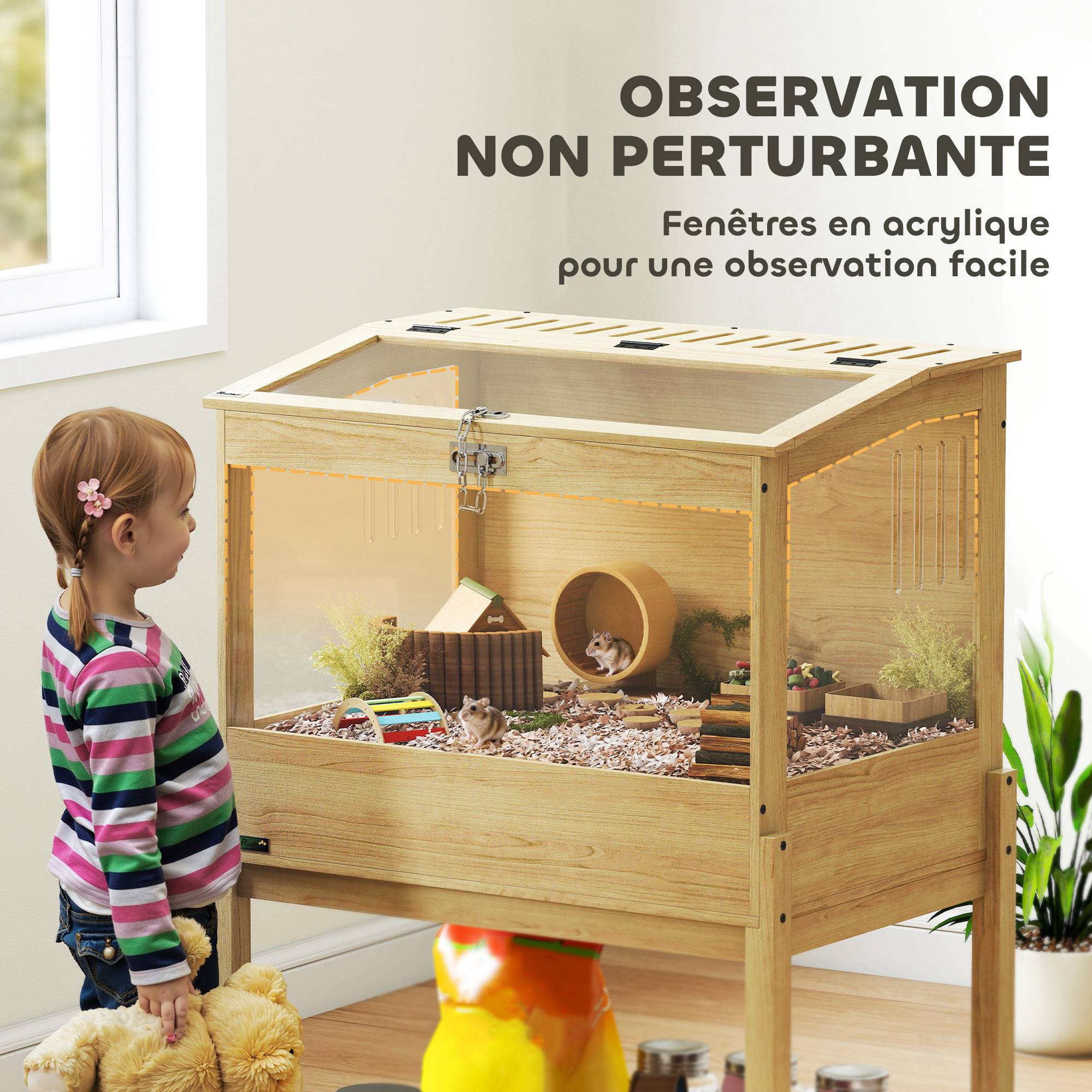 Cage surélevée en MDF pour hamsters avec plateau de rangement et couvercle 83x50x103cm naturel - ComfortXL Outdoor Living - Image 8