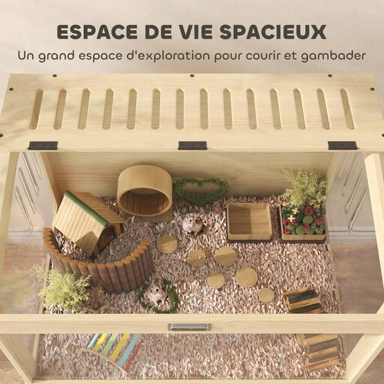 Cage surélevée en MDF pour hamsters avec plateau de rangement et couvercle 83x50x103cm naturel - ComfortXL Outdoor Living - Image 6