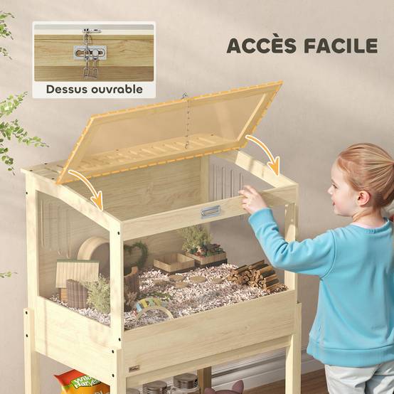 Cage surélevée en MDF pour hamsters avec plateau de rangement et couvercle 83x50x103cm naturel - ComfortXL Outdoor Living - Image 10