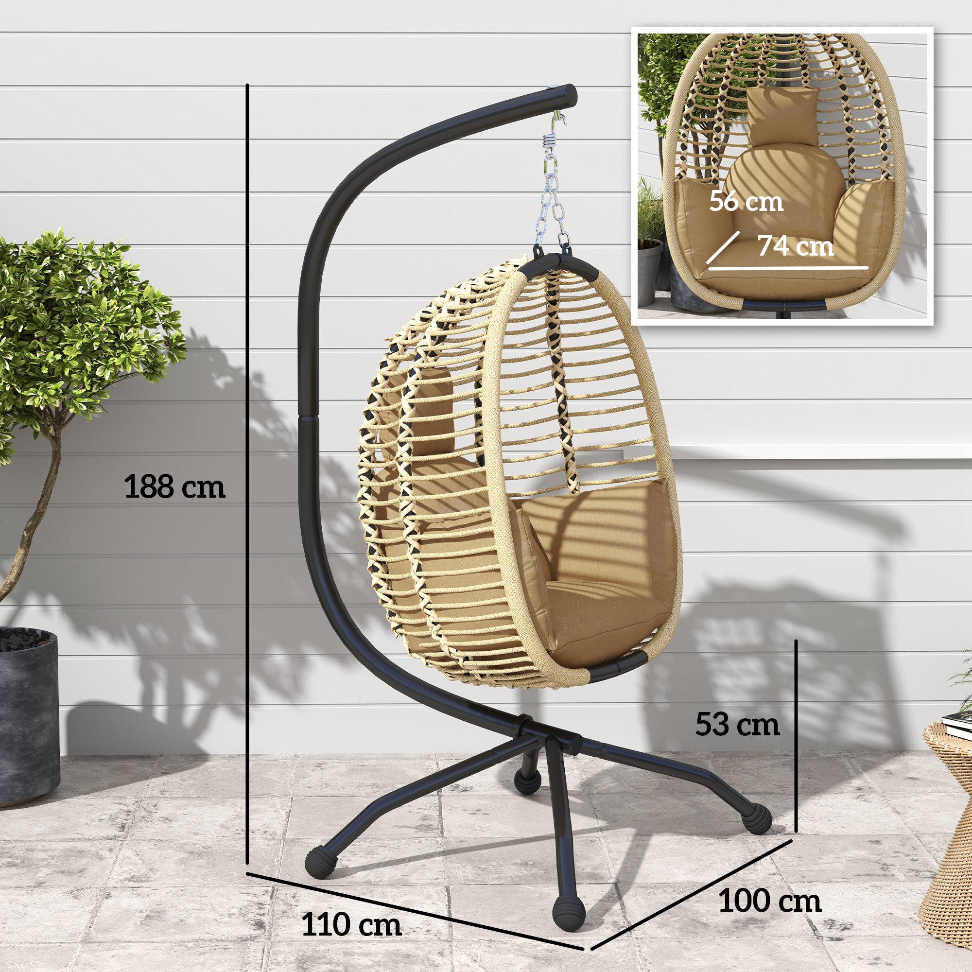 Outsunny - Fauteuil œuf suspendu balancelle pliant avec coussin support 110x100x188cm usage intérieur/extérieur métal polypropylène beige - Outsunny - Image 3