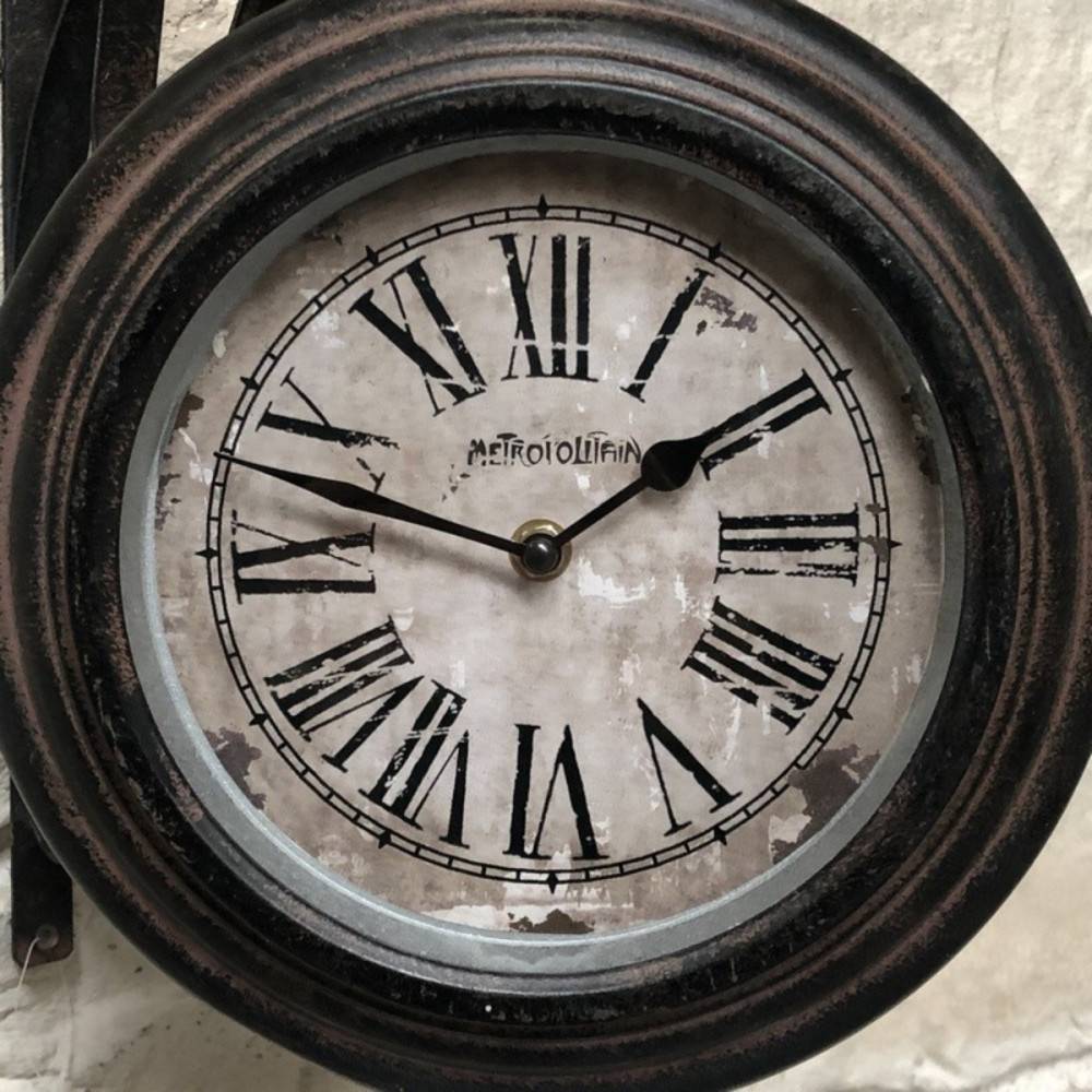~ Horloge murale décorative double face gare vintage métal marron 48cm Chemin de campagne - Imagen 4