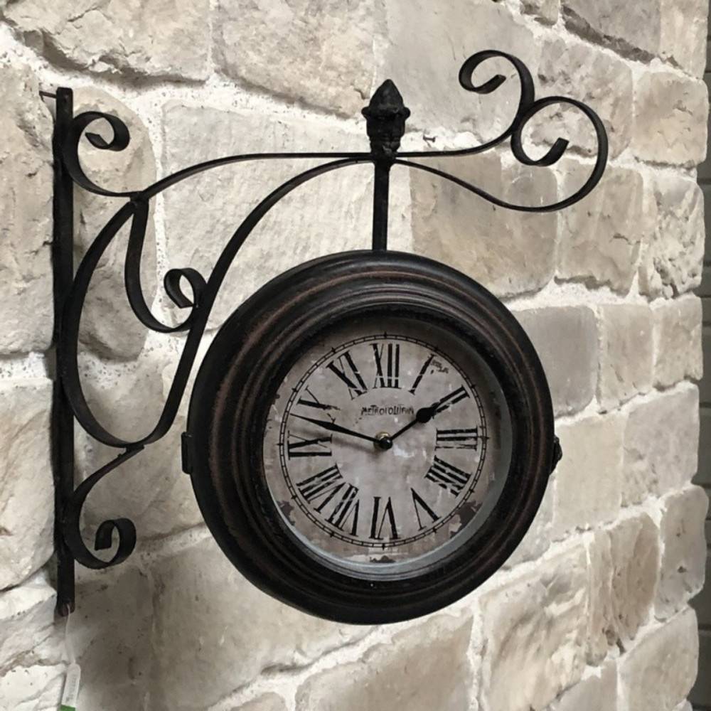 ~ Horloge murale décorative double face gare vintage métal marron 48cm Chemin de campagne - Imagen 2