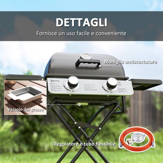 Barbecue à gaz portable avec 2 brûleurs, 2 tablettes latérales, couvercle avec thermomètre et roulettes, noir - Image 9
