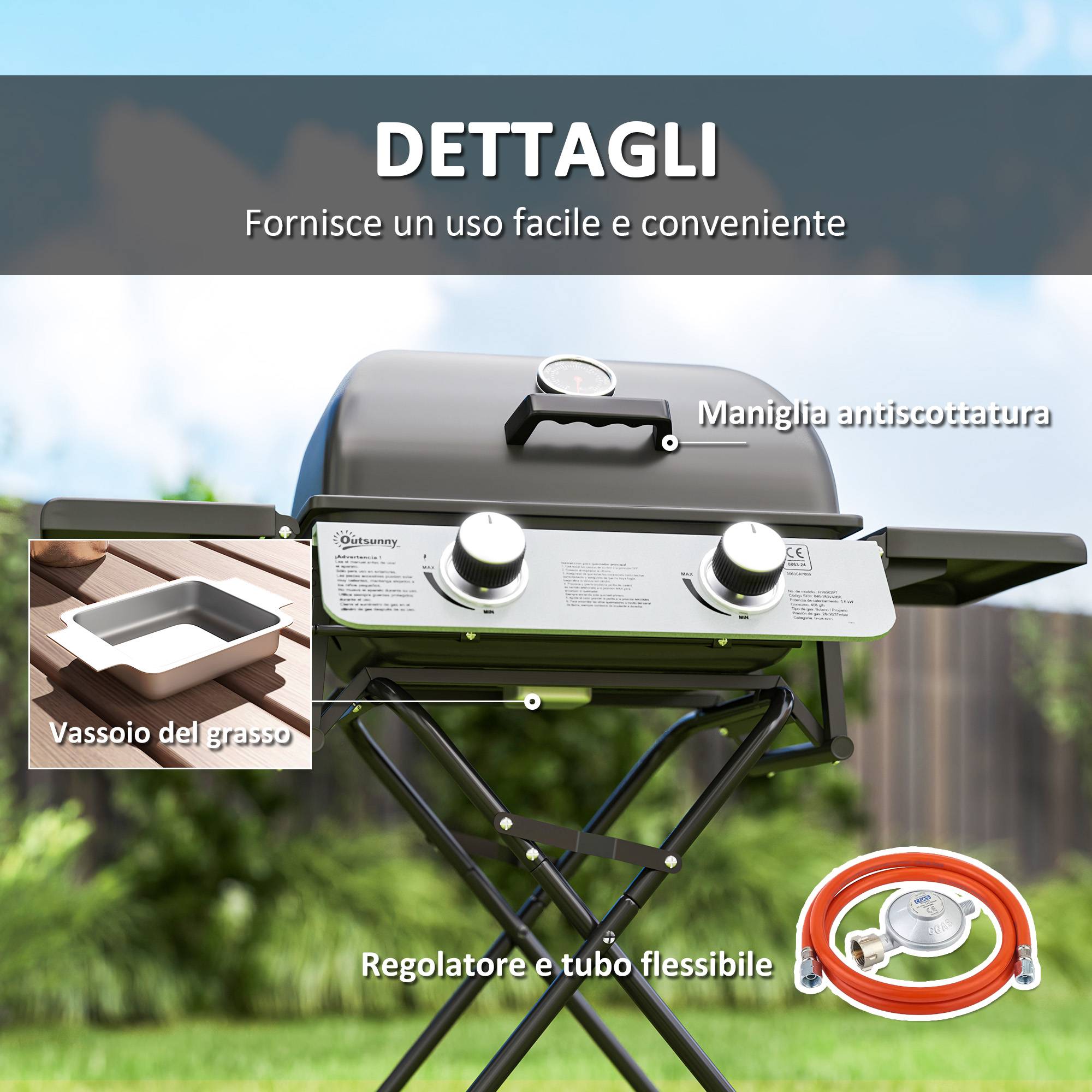 Barbecue à gaz portable avec 2 brûleurs, 2 tablettes latérales, couvercle avec thermomètre et roulettes, noir - Image 9