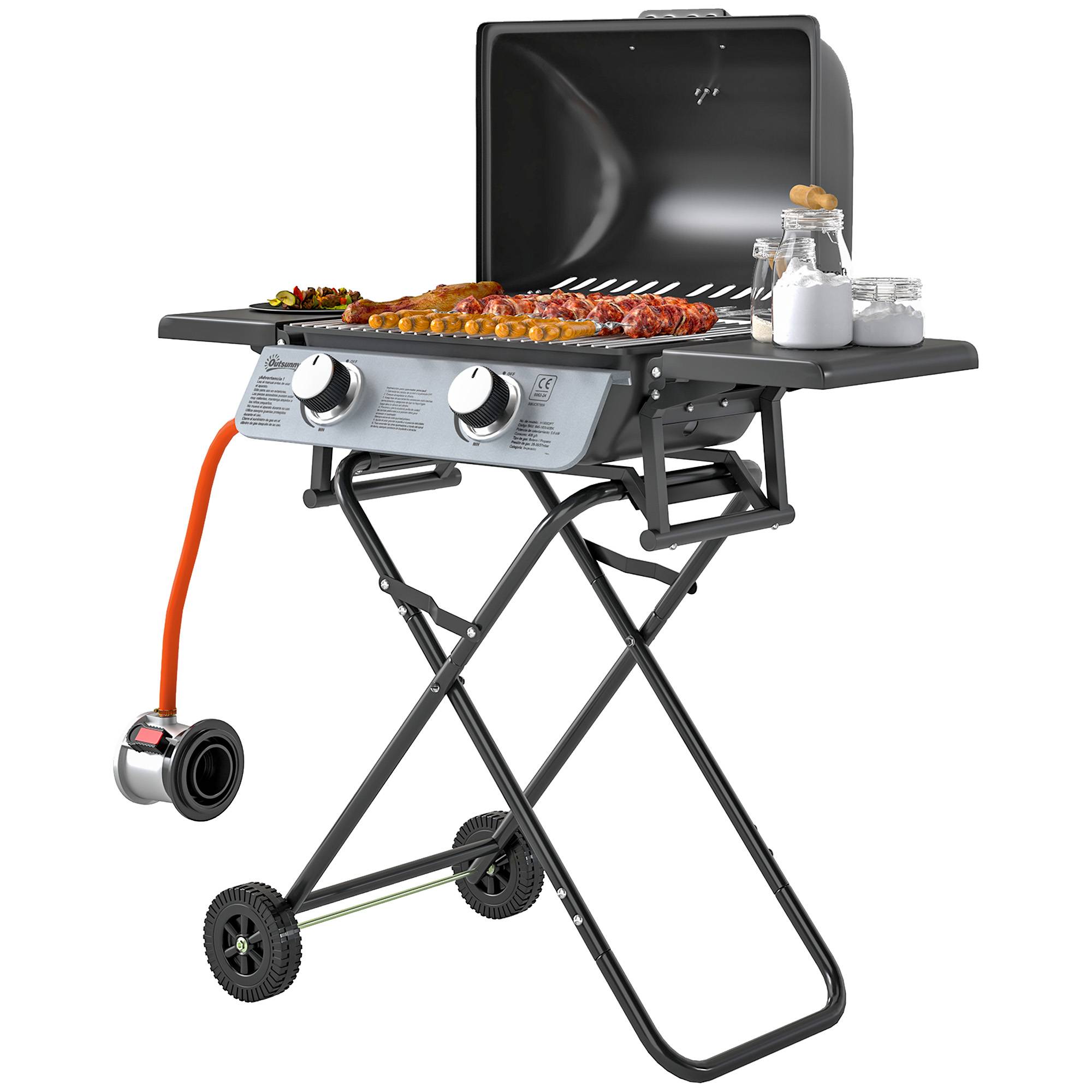 Barbecue à gaz portable avec 2 brûleurs, 2 tablettes latérales, couvercle avec thermomètre et roulettes, noir - Image 2