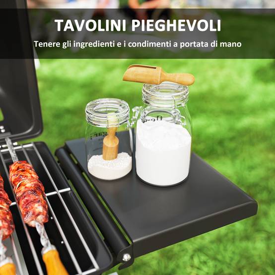 Barbecue à gaz portable avec 2 brûleurs, 2 tablettes latérales, couvercle avec thermomètre et roulettes, noir - Image 7