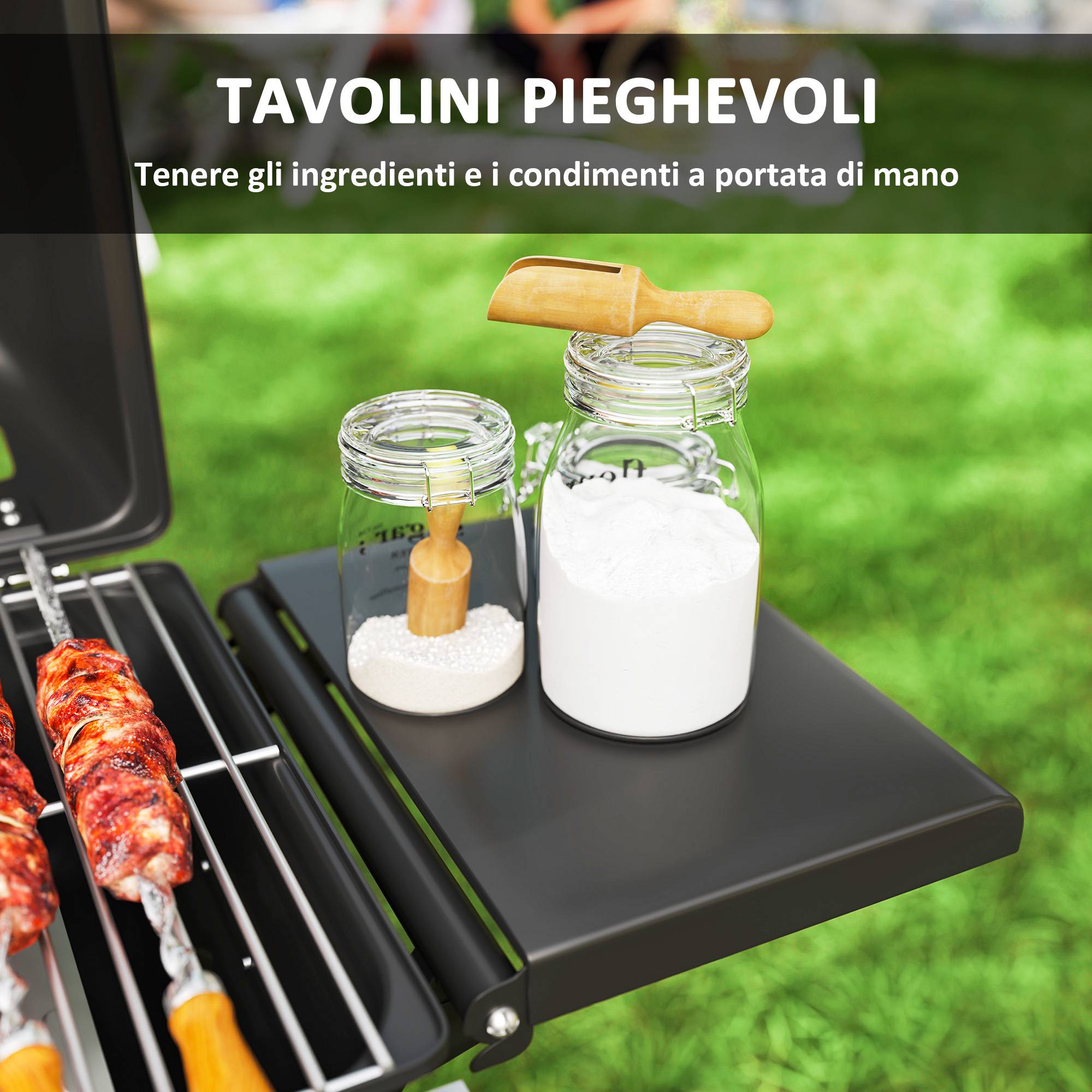 Barbecue à gaz portable avec 2 brûleurs, 2 tablettes latérales, couvercle avec thermomètre et roulettes, noir - Image 7