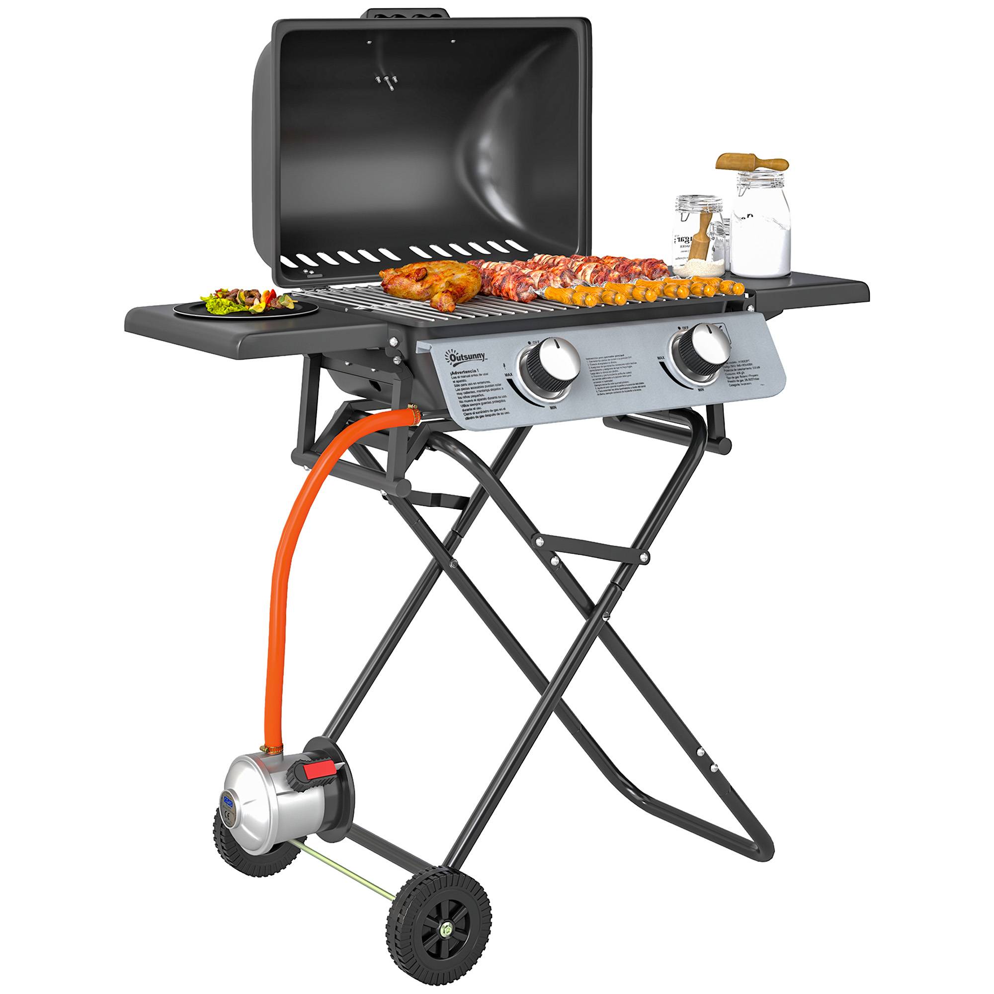 Barbecue à gaz portable avec 2 brûleurs, 2 tablettes latérales, couvercle avec thermomètre et roulettes, noir