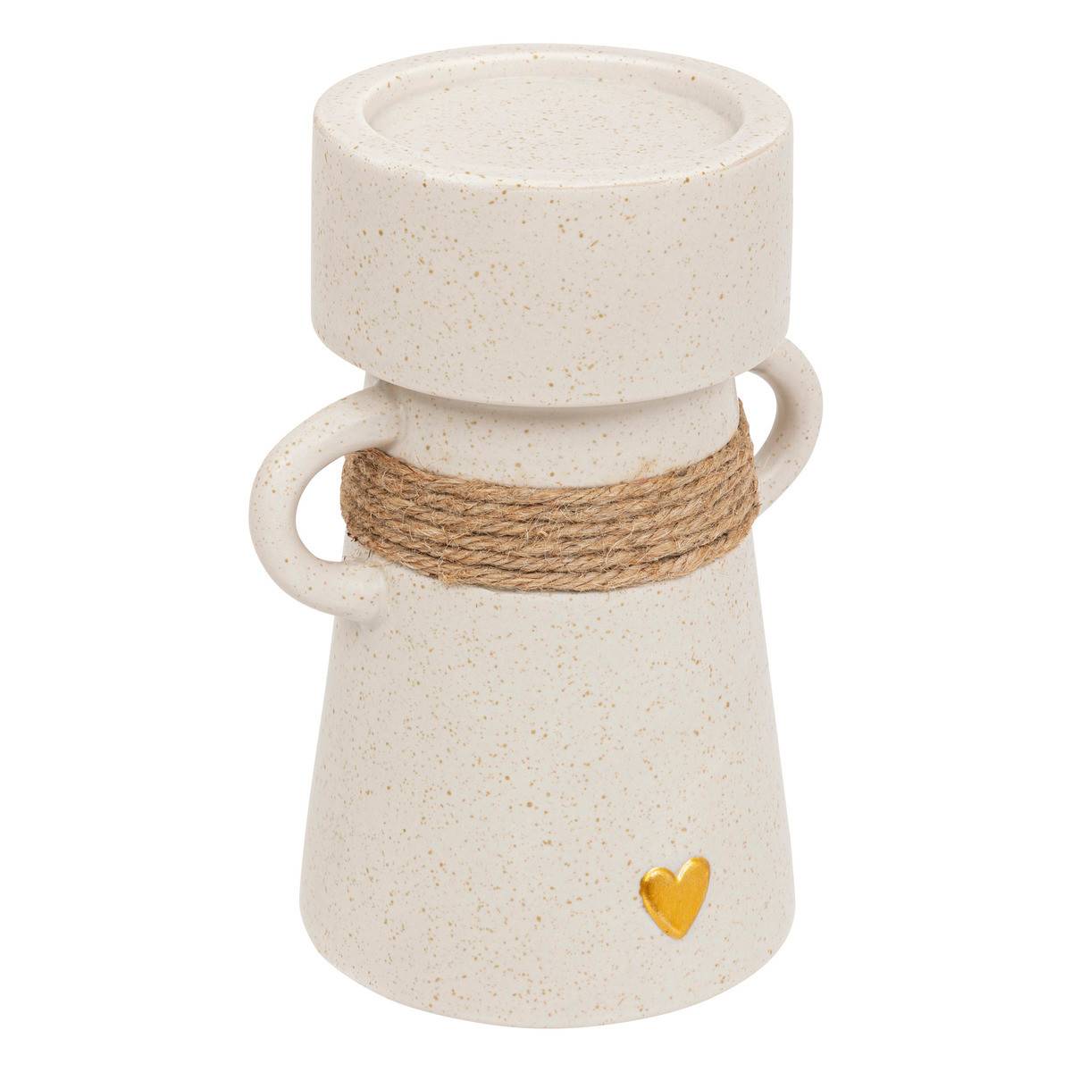 Bougeoir Chandelier Blanc en céramique sablée avec Coeur doré et corde en Jute H 18 cm - Imagen 1