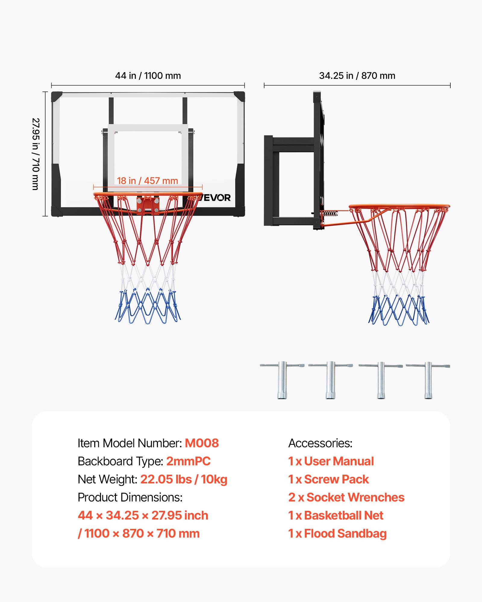 Vevor - VEVOR Panier de basket mural 110 cm, panneau PC 2 mm, cadre acier renforcé, filet nylon résistant, installation murale pour intérieur et extérieur. - Image 6