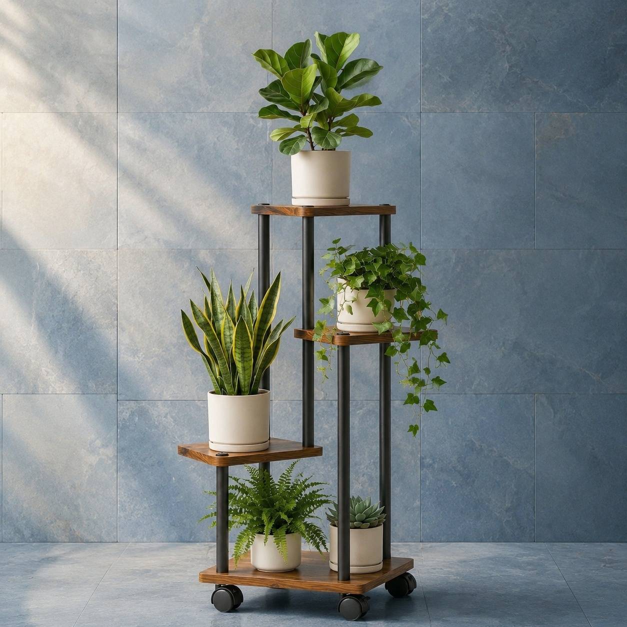 Support Plante 4 Niveaux Métal Bois Roues Pivotantes Espace Vertical Polyvalent Salon Balcon - Image 7