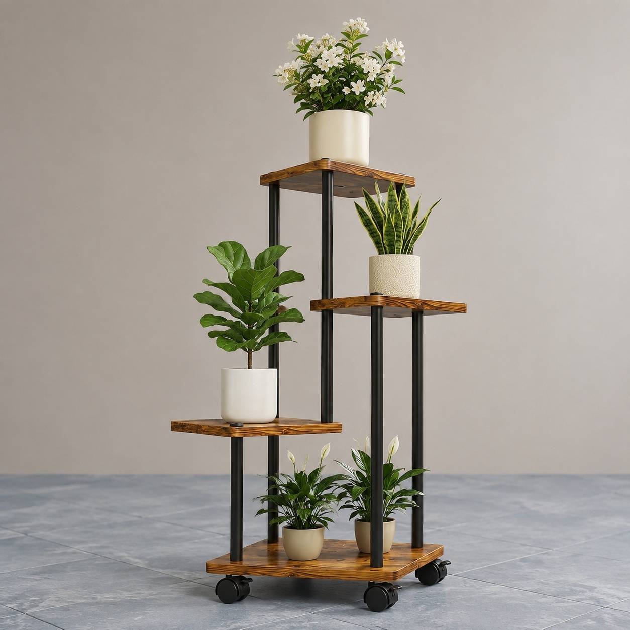 Support Plante 4 Niveaux Métal Bois Roues Pivotantes Espace Vertical Polyvalent Salon Balcon - Image 4