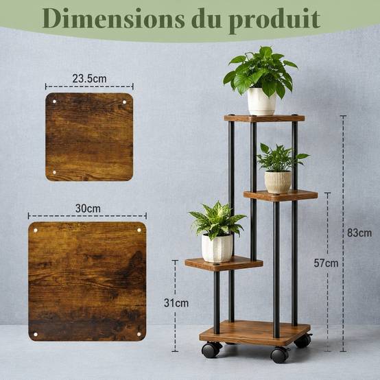 Support Plante 4 Niveaux Métal Bois Roues Pivotantes Espace Vertical Polyvalent Salon Balcon - Image 2