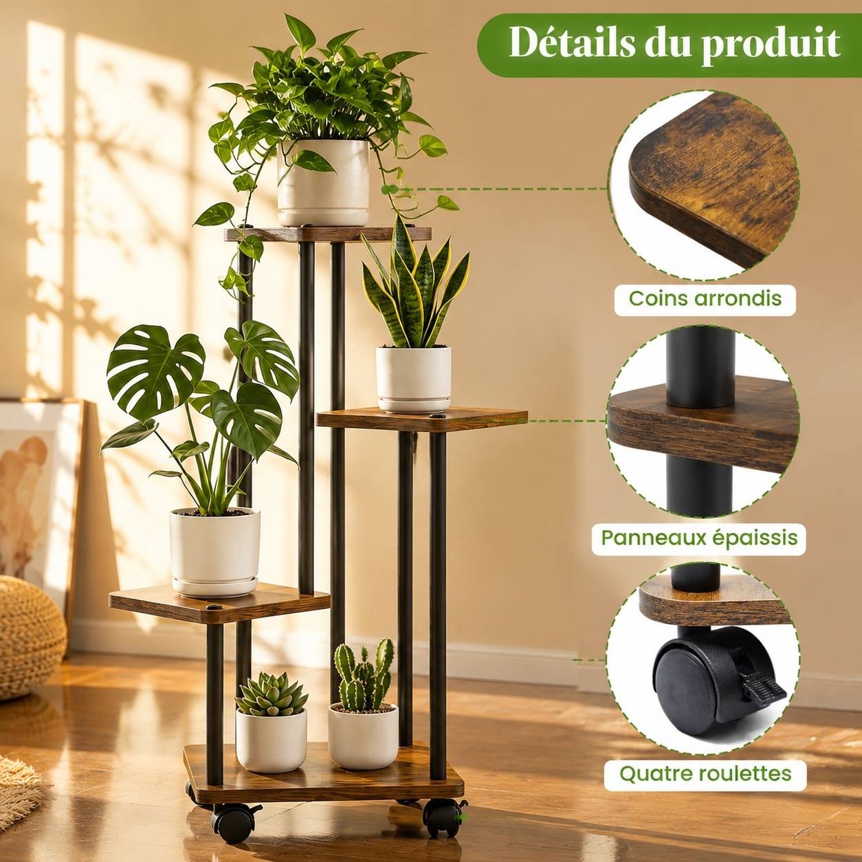 Support Plante 4 Niveaux Métal Bois Roues Pivotantes Espace Vertical Polyvalent Salon Balcon - Image 3