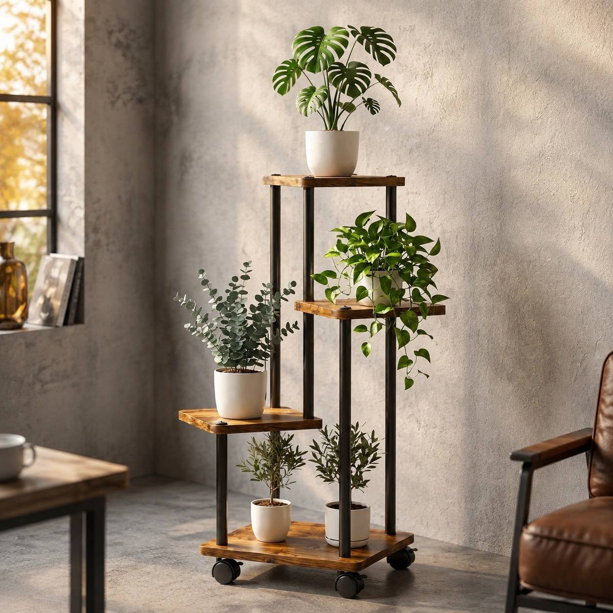 Support Plante 4 Niveaux Métal Bois Roues Pivotantes Espace Vertical Polyvalent Salon Balcon - Image 5