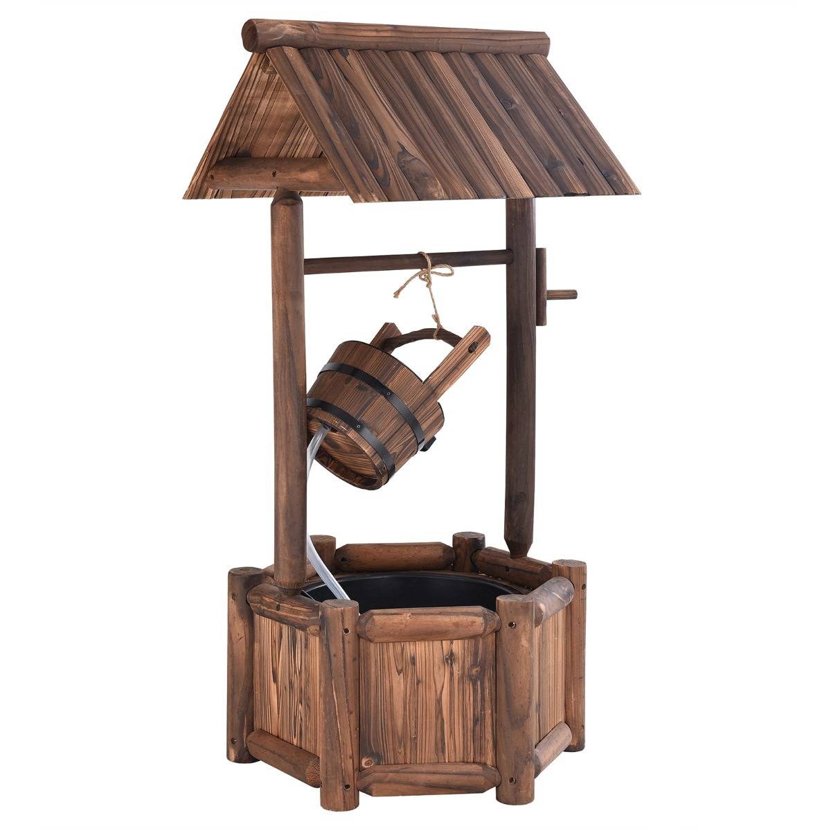 Puits en Bois Extérieur Fontaine de Jardin 60x57x115 cm avec Pompe Electrique Débit 300 L/h Tuyau Transparent Seau Suspendu - Image 1