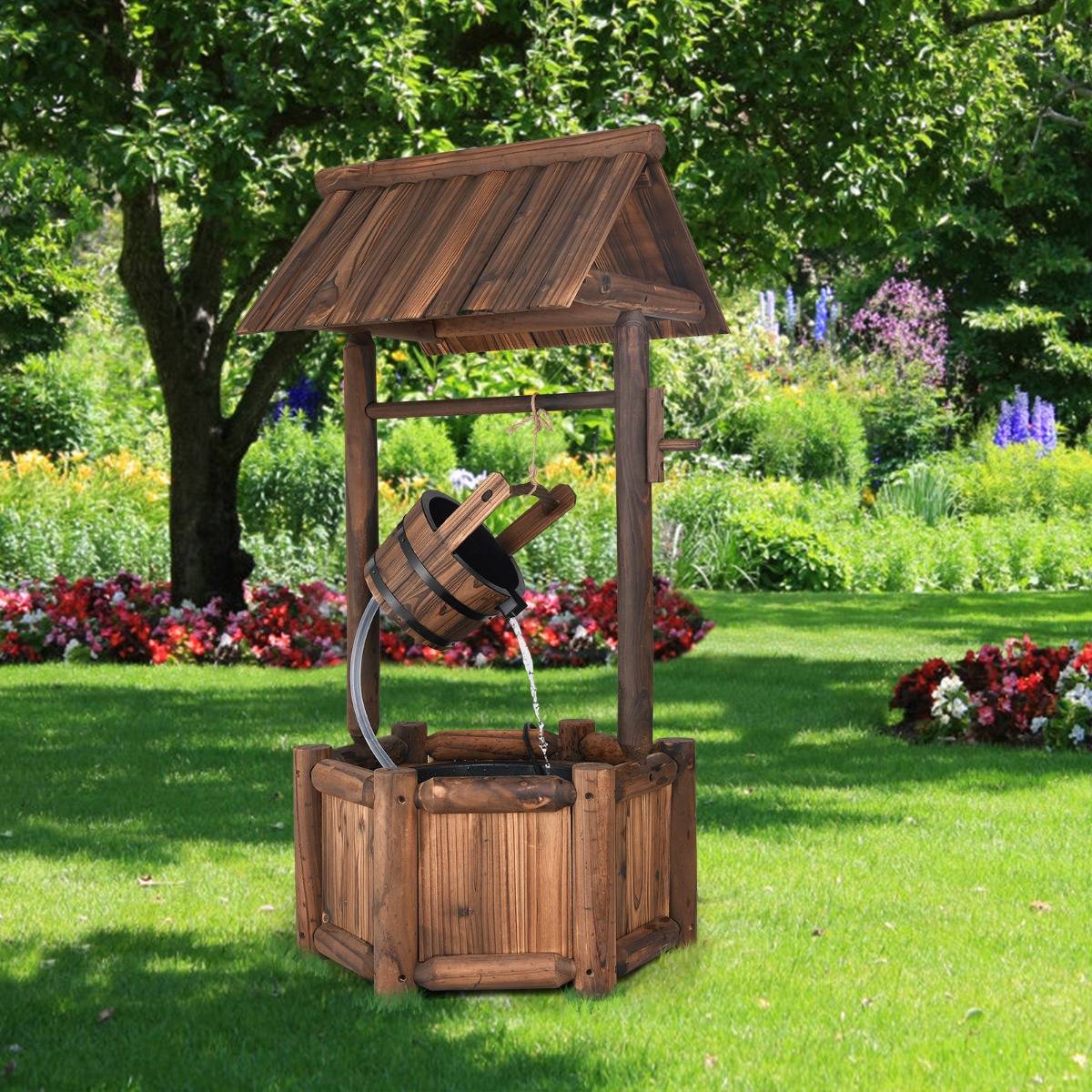 Puits en Bois Extérieur Fontaine de Jardin 60x57x115 cm avec Pompe Electrique Débit 300 L/h Tuyau Transparent Seau Suspendu - Image 3