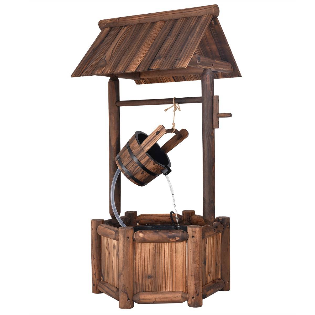 Puits en Bois Extérieur Fontaine de Jardin 60x57x115 cm avec Pompe Electrique Débit 300 L/h Tuyau Transparent Seau Suspendu - Image 8