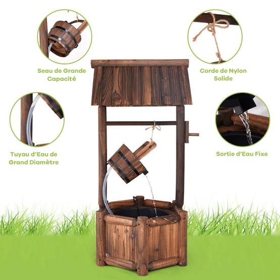 Puits en Bois Extérieur Fontaine de Jardin 60x57x115 cm avec Pompe Electrique Débit 300 L/h Tuyau Transparent Seau Suspendu - Image 9