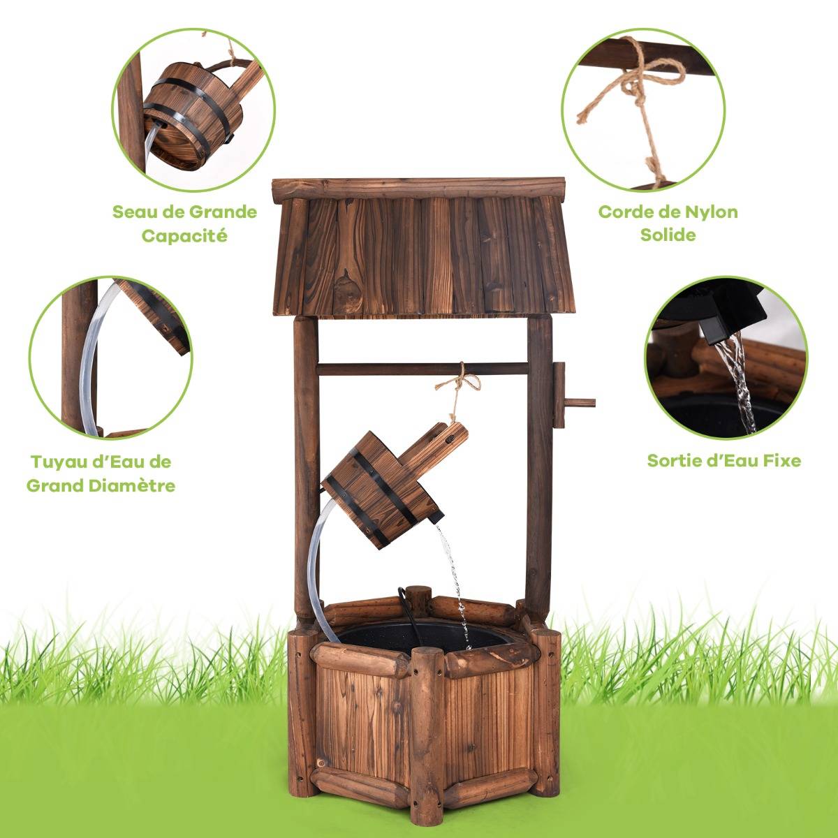 Puits en Bois Extérieur Fontaine de Jardin 60x57x115 cm avec Pompe Electrique Débit 300 L/h Tuyau Transparent Seau Suspendu - Image 9