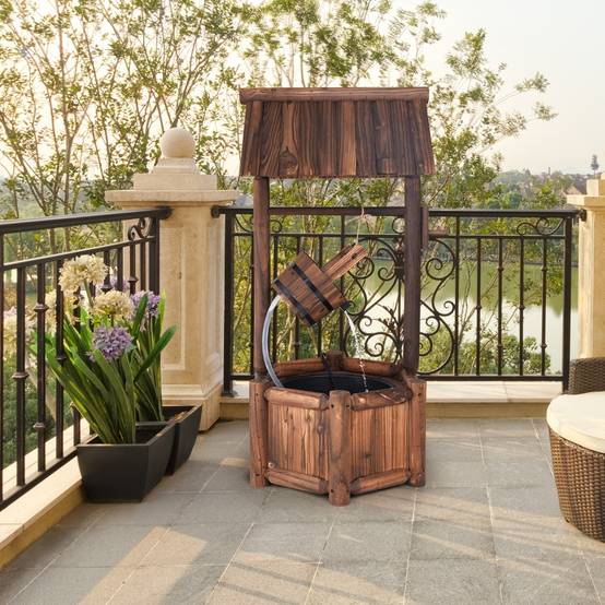 Puits en Bois Extérieur Fontaine de Jardin 60x57x115 cm avec Pompe Electrique Débit 300 L/h Tuyau Transparent Seau Suspendu - Image 5