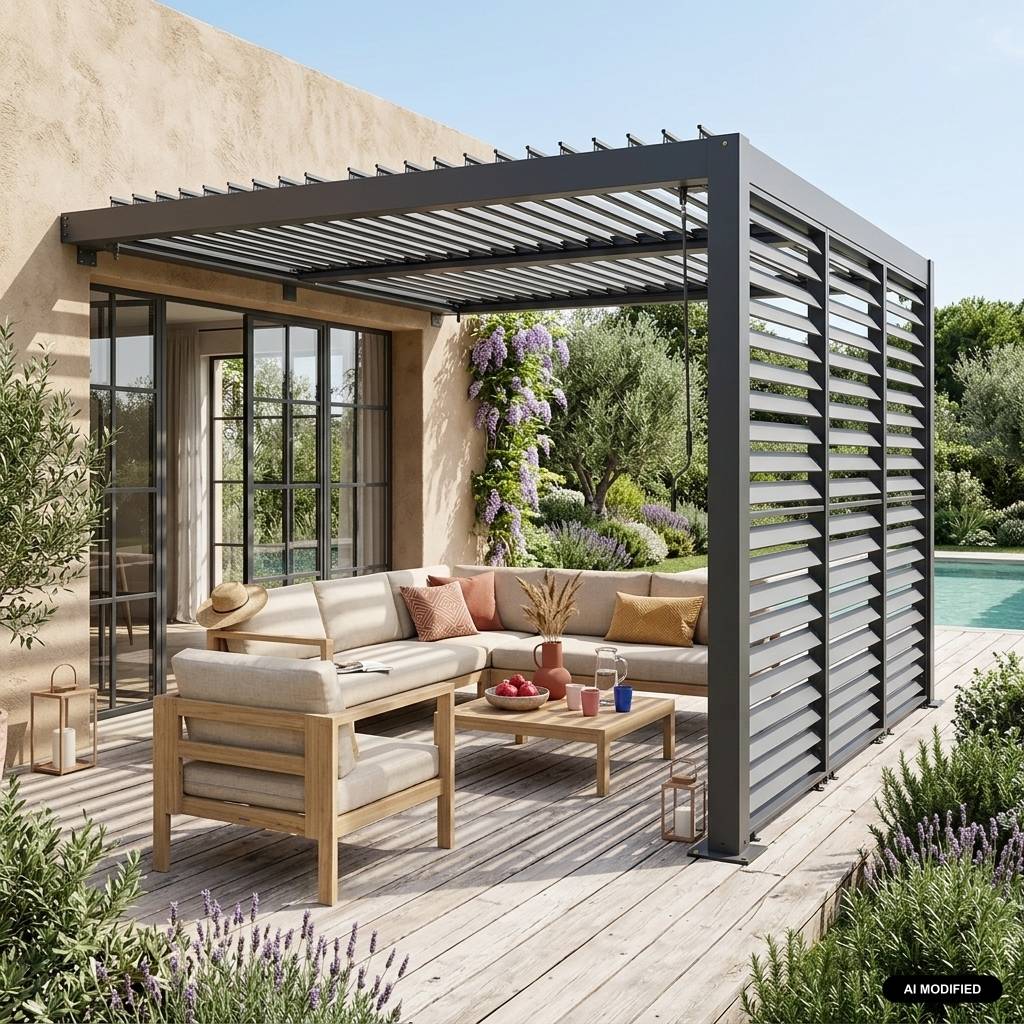 sweeek - Pergola bioclimatique aluminium adossée 3x3m anthracite + 3 persiennes 100cm Palace | sweeek - Image 1