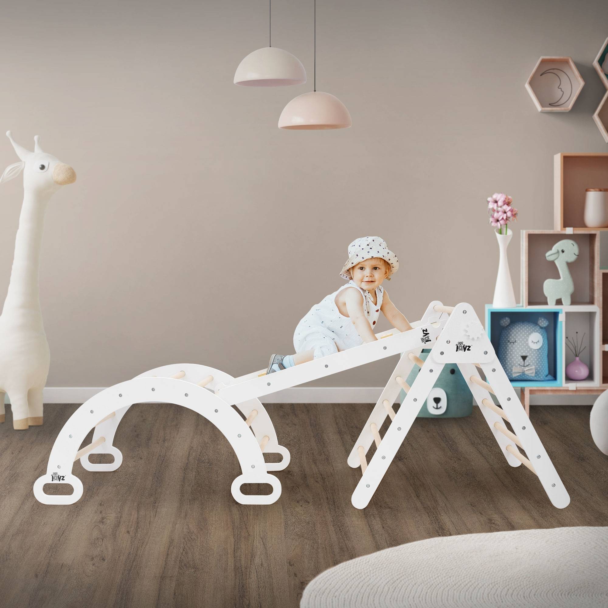 Arche d'escalade pour enfants en bois naturel/blanc multifonctionnel avec poignées convient aux plus de 2 ans encourage la motricité et le mouvement - Image 8