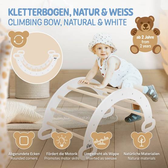 Arche d'escalade pour enfants en bois naturel/blanc multifonctionnel avec poignées convient aux plus de 2 ans encourage la motricité et le mouvement - Image 2
