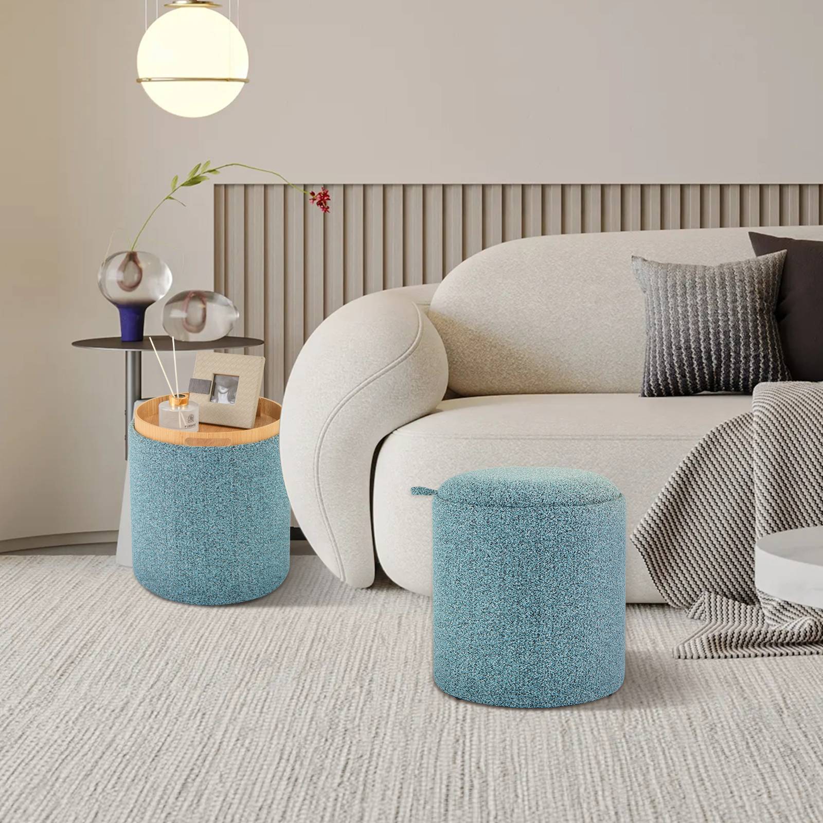 Lot de 2 Pouf Rangement, Tabouret Rangement avec Couvercle, Capacité 41L+25L, Ottomans Ronds Rembourrés, Plateau Réversible, Repose-Pieds,Bleu - Image 7