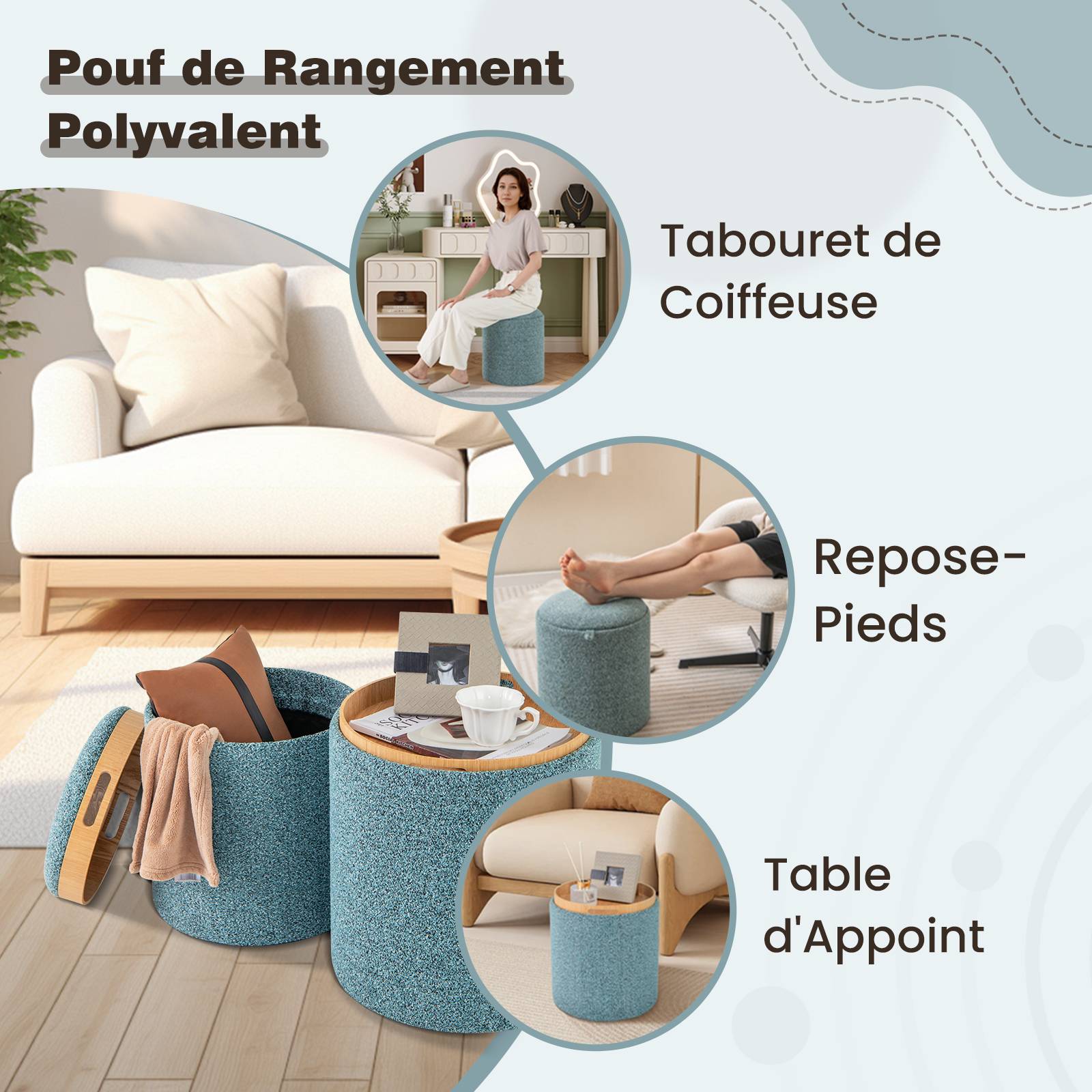 Lot de 2 Pouf Rangement, Tabouret Rangement avec Couvercle, Capacité 41L+25L, Ottomans Ronds Rembourrés, Plateau Réversible, Repose-Pieds,Bleu - Image 6