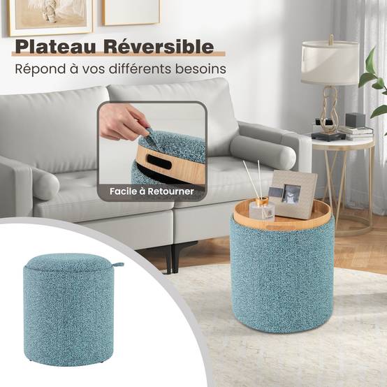 Lot de 2 Pouf Rangement, Tabouret Rangement avec Couvercle, Capacité 41L+25L, Ottomans Ronds Rembourrés, Plateau Réversible, Repose-Pieds,Bleu - Image 4