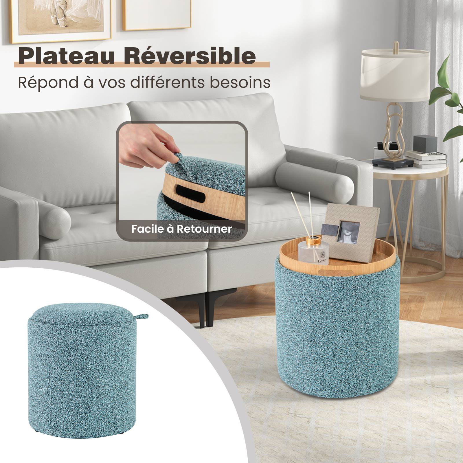 Lot de 2 Pouf Rangement, Tabouret Rangement avec Couvercle, Capacité 41L+25L, Ottomans Ronds Rembourrés, Plateau Réversible, Repose-Pieds,Bleu - Image 4