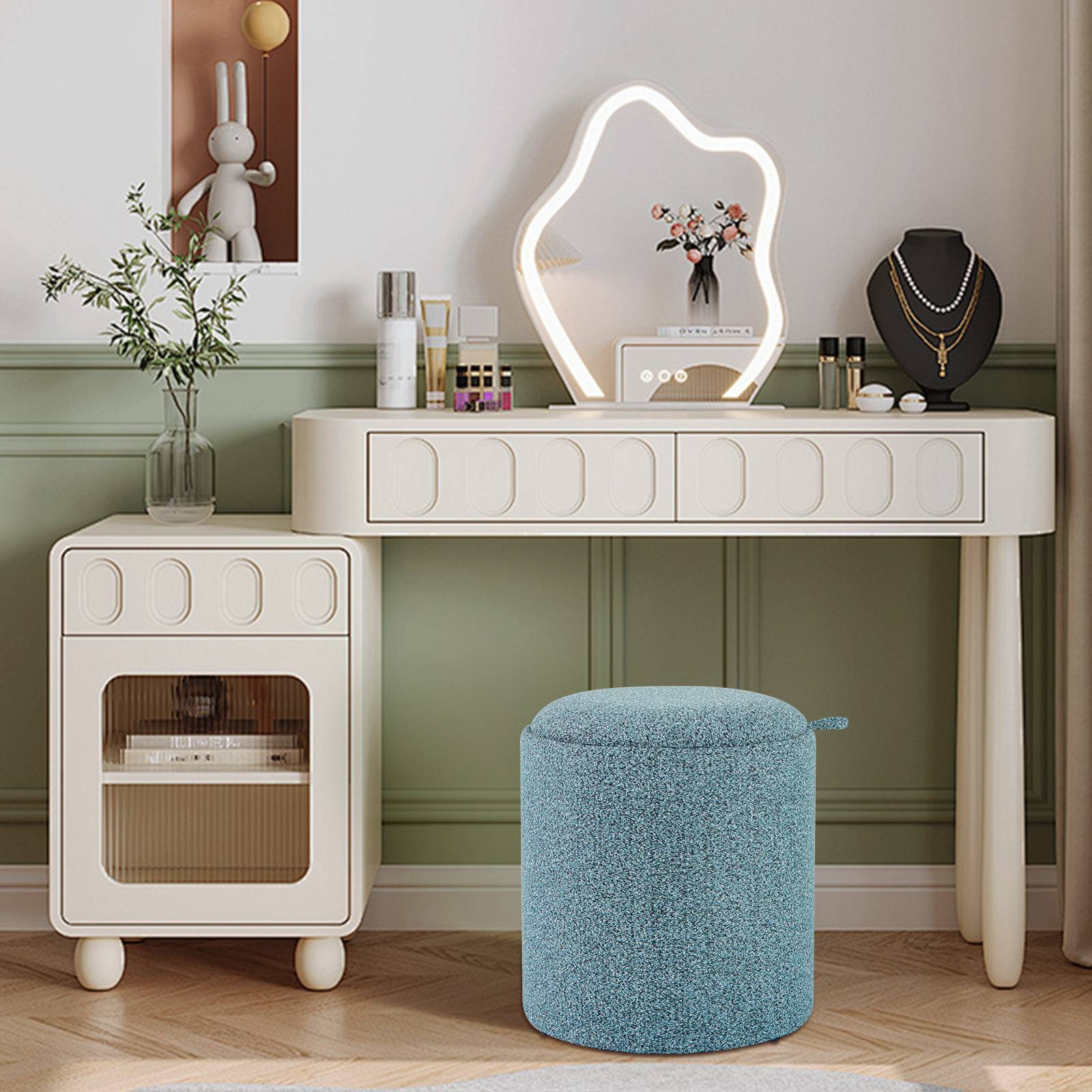 Lot de 2 Pouf Rangement, Tabouret Rangement avec Couvercle, Capacité 41L+25L, Ottomans Ronds Rembourrés, Plateau Réversible, Repose-Pieds,Bleu - Image 9