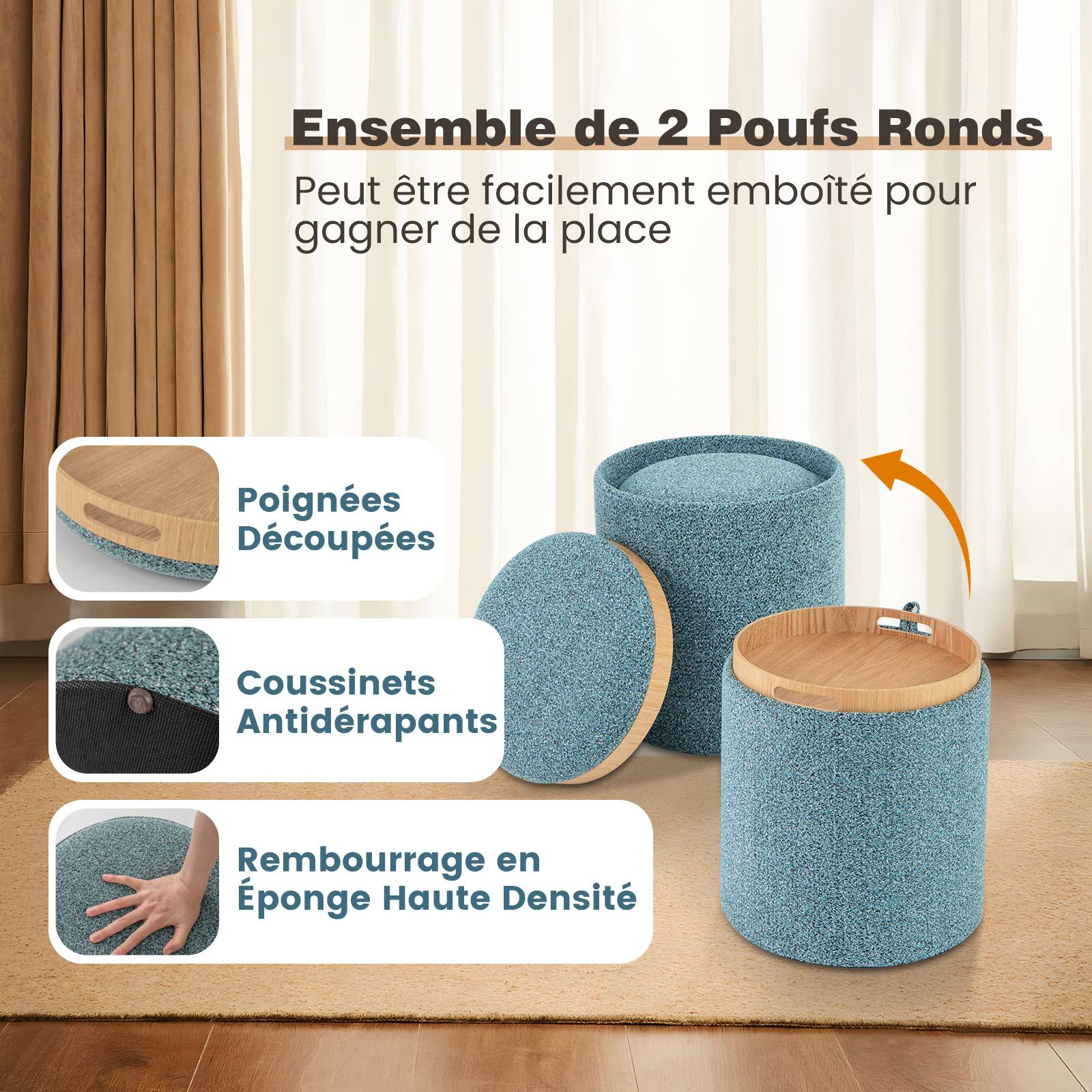 Lot de 2 Pouf Rangement, Tabouret Rangement avec Couvercle, Capacité 41L+25L, Ottomans Ronds Rembourrés, Plateau Réversible, Repose-Pieds,Bleu - Image 3