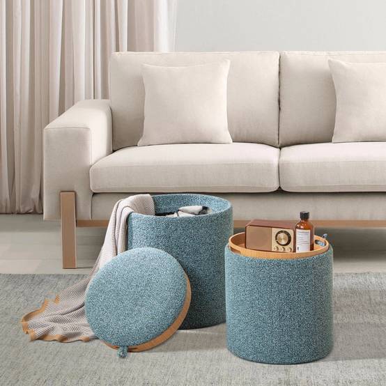 Lot de 2 Pouf Rangement, Tabouret Rangement avec Couvercle, Capacité 41L+25L, Ottomans Ronds Rembourrés, Plateau Réversible, Repose-Pieds,Bleu - Image 8