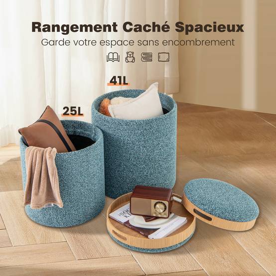 Lot de 2 Pouf Rangement, Tabouret Rangement avec Couvercle, Capacité 41L+25L, Ottomans Ronds Rembourrés, Plateau Réversible, Repose-Pieds,Bleu - Image 5