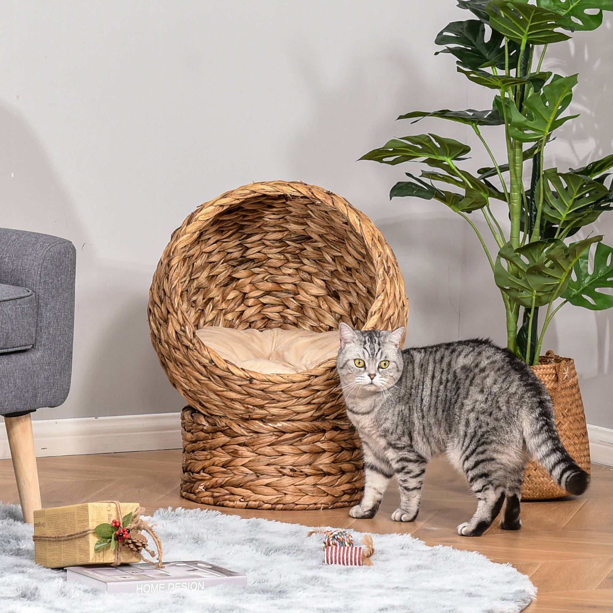 Panier chat en jacinthe d'eau, niche grotte avec coussin, 50x42x60 cm, marron - Image 4