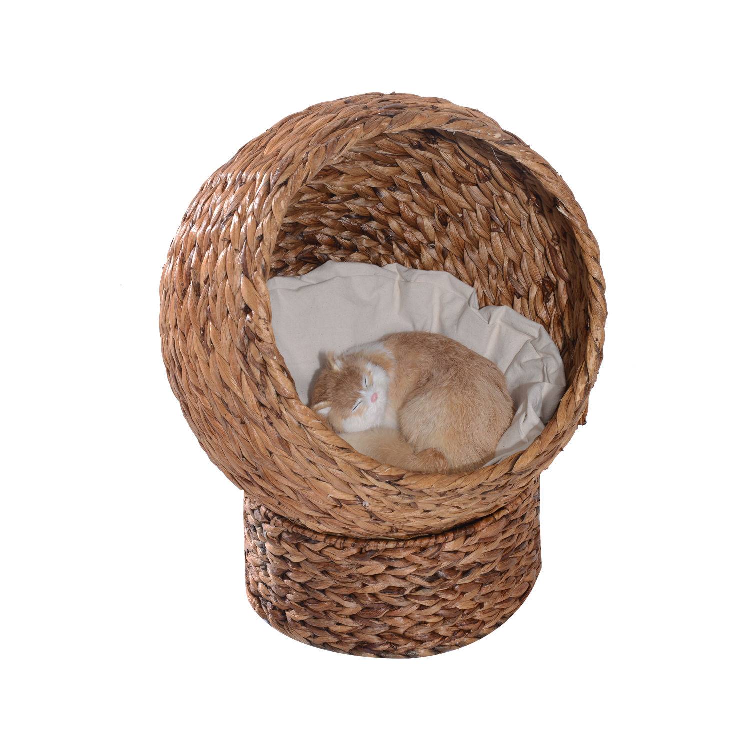 Panier chat en jacinthe d'eau, niche grotte avec coussin, 50x42x60 cm, marron - Image 1