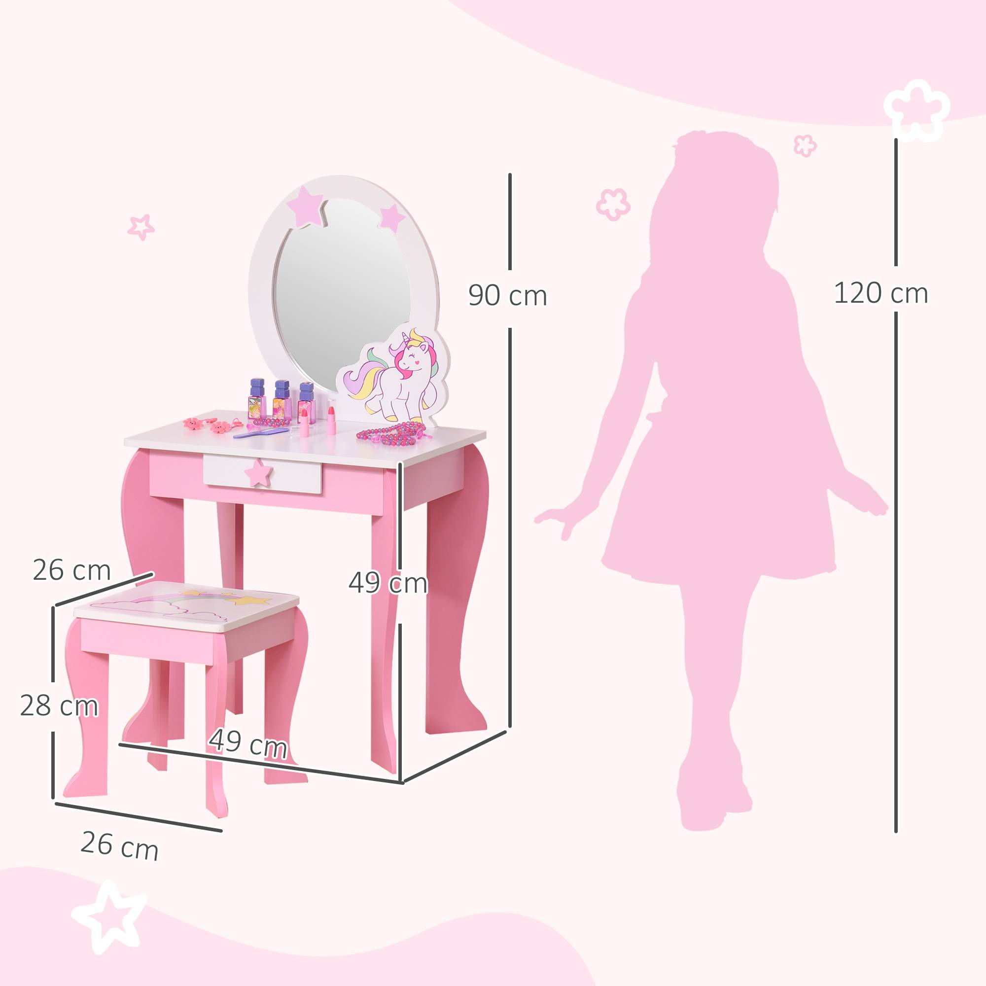 Sans Marque - Coiffeuse Enfant Design Licorne - Tabouret Inclus - dim. 49L x 34l x 90H cm - tirair, Miroir - MDF - Rose Blanc - Image 5