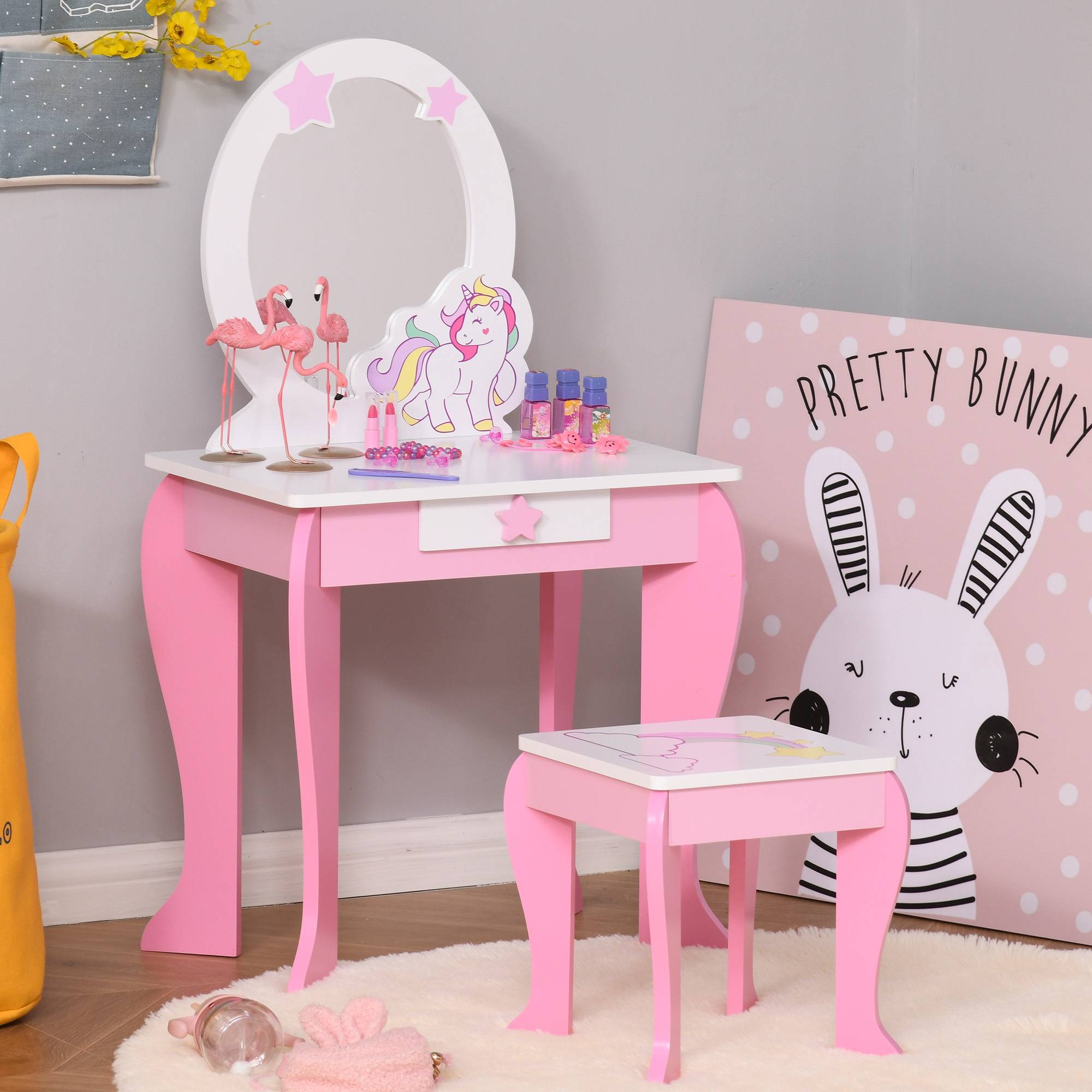 Sans Marque - Coiffeuse Enfant Design Licorne - Tabouret Inclus - dim. 49L x 34l x 90H cm - tirair, Miroir - MDF - Rose Blanc - Image 4