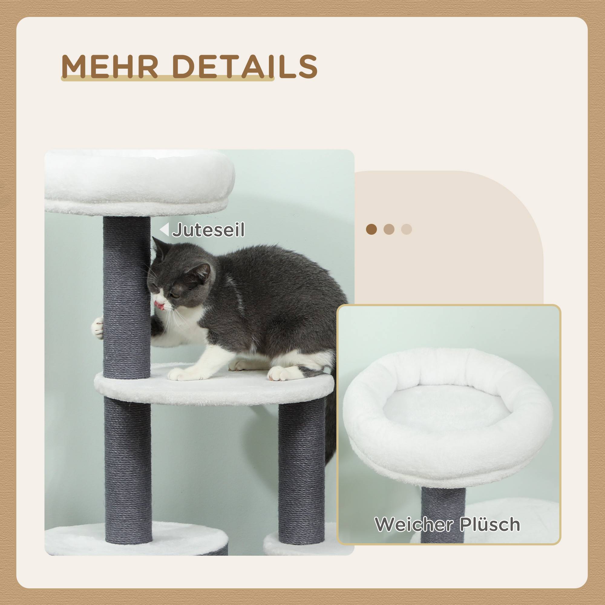 Arbre à chat bois peluche intérieur jeu repos griffoir jute 98cm gris blanc - ComfortXL Outdoor Living - Image 8