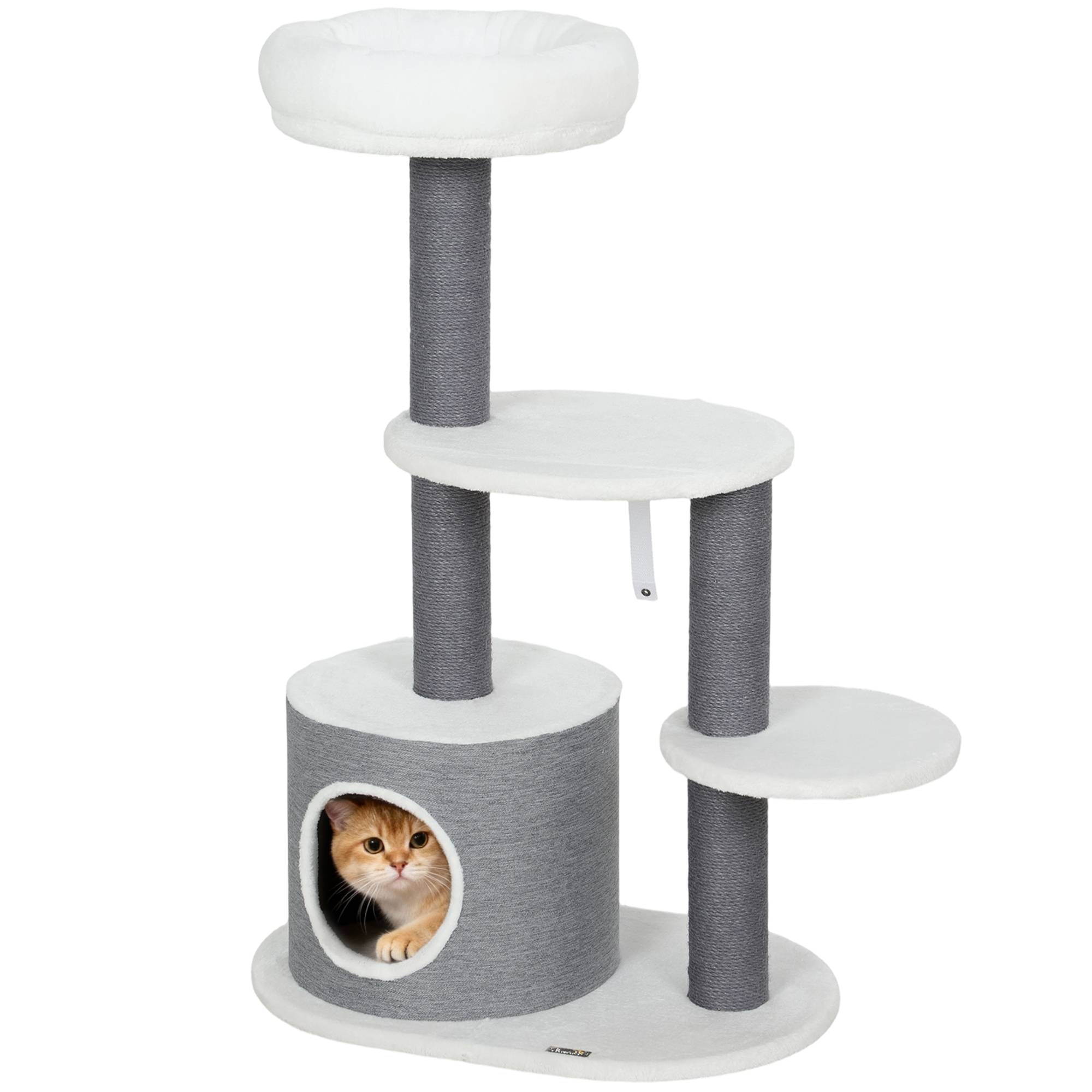 Arbre à chat bois peluche intérieur jeu repos griffoir jute 98cm gris blanc - ComfortXL Outdoor Living