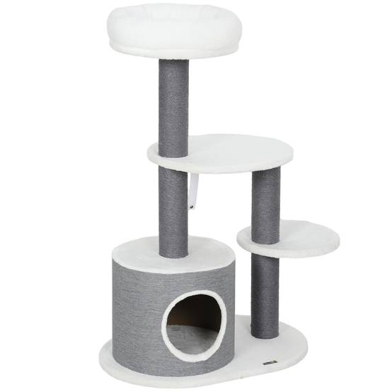 Arbre à chat bois peluche intérieur jeu repos griffoir jute 98cm gris blanc - ComfortXL Outdoor Living - Image 2
